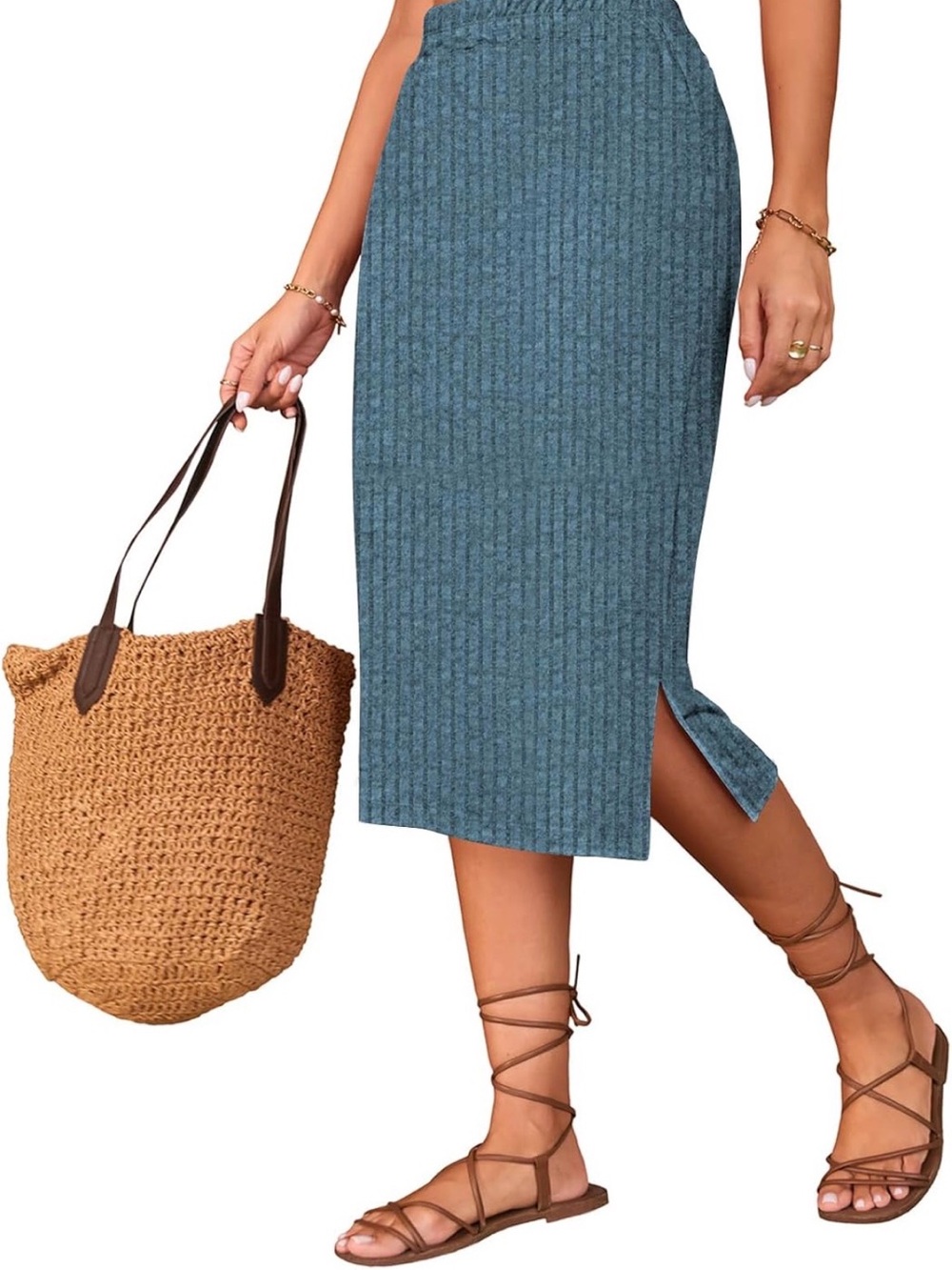 Ribbed Midi Pencil Skirt in Blue